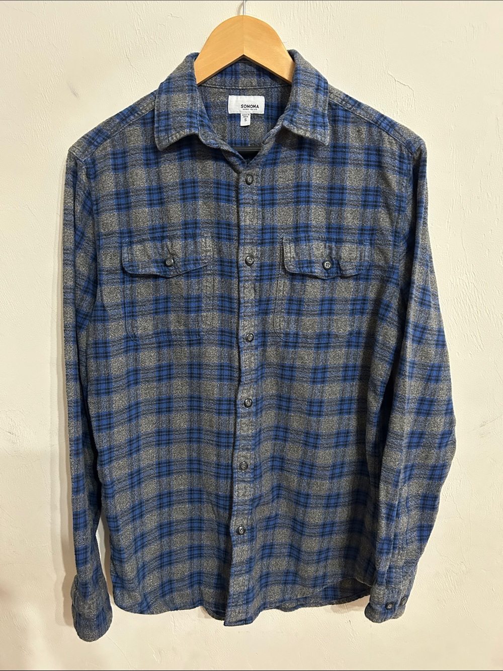 Sonoma Blue and Gray Plaid Button-Down Shirt Size S Mens 20 Chest 28 L